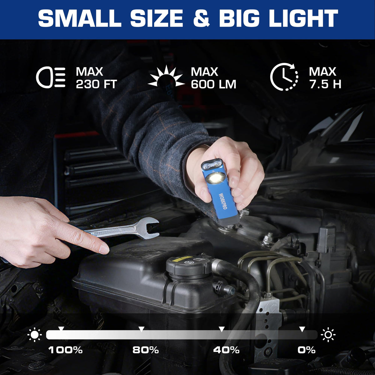 WORKPRO rechargeable work light USB-C charging view, quick recharge in 2-3 hours.