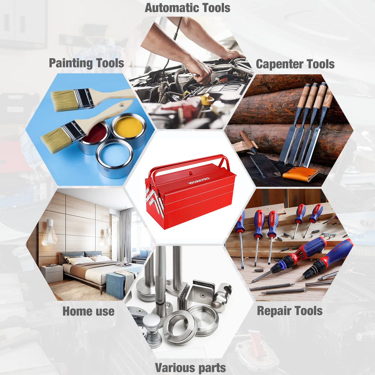 WORKPRO red cantilever toolbox compact dimensions for mobile tool kits.