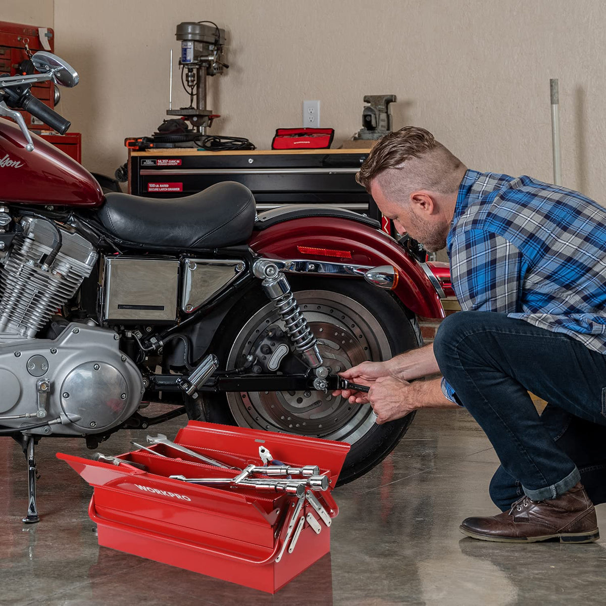 WORKPRO red tool box suits workshops and garages.