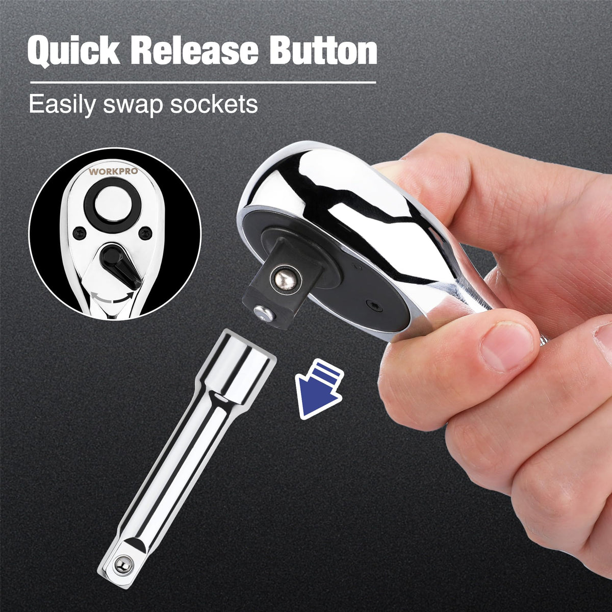 WorkPro reversible ratchet direction helps tighten or loosen without removing sockets.