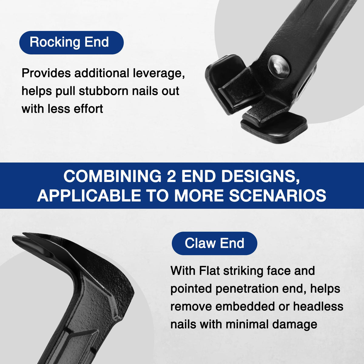 WORKPRO rocking end grips nail shafts for smooth removal of long or headless nails.