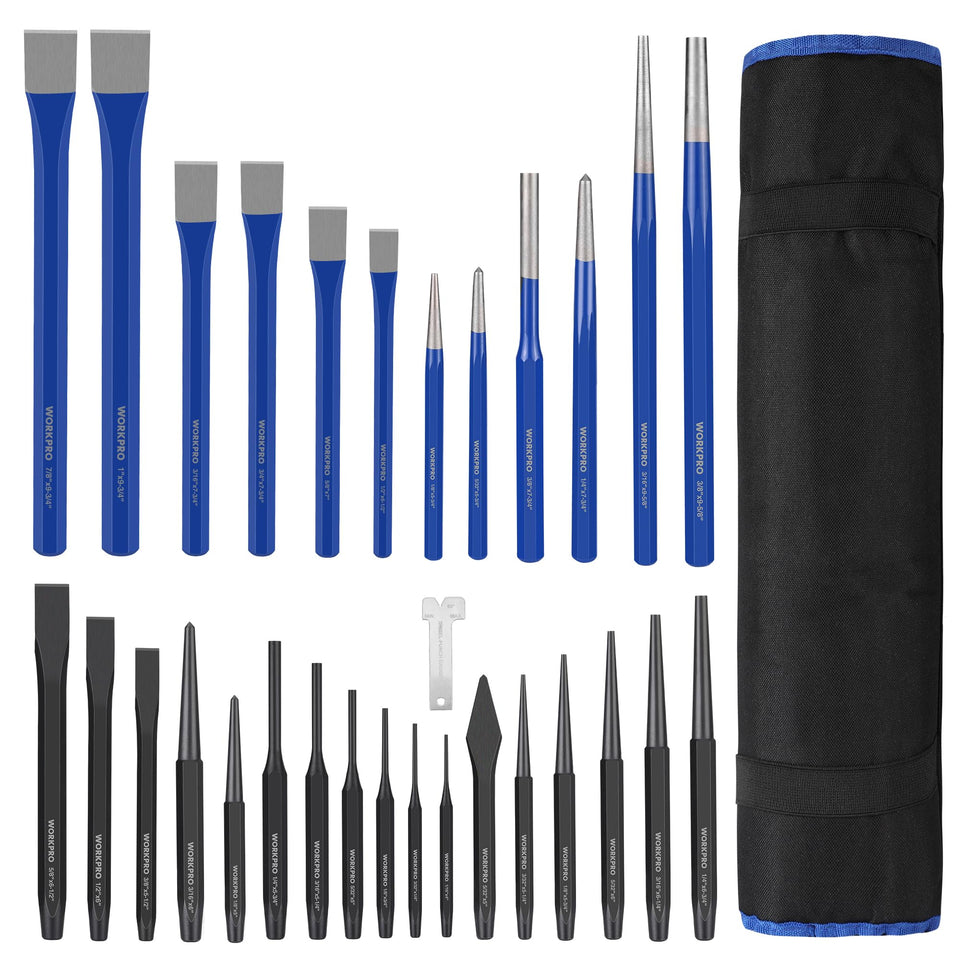WORKPRO roll-up pouch keeps punch and chisel tools organized for on-the-go jobs.