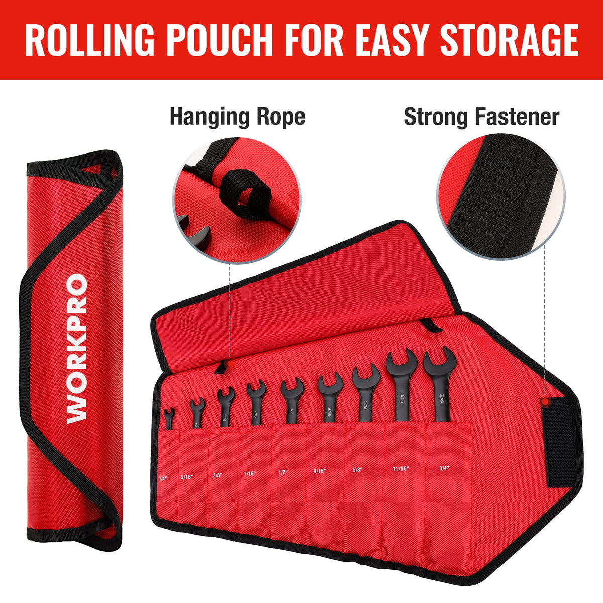 WORKPRO roll-up pouch keeps wrenches organized and portable.