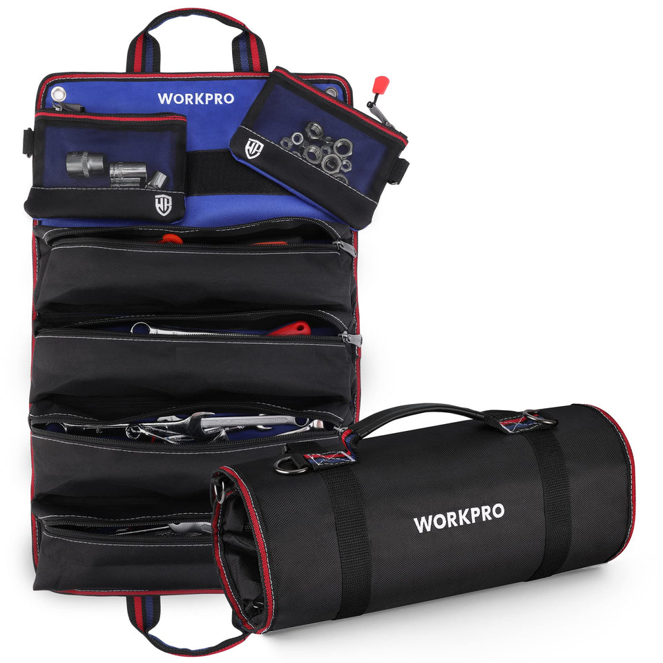 WORKPRO Roll Up Tool Bag with 4 large compartments for organized tools on the go.