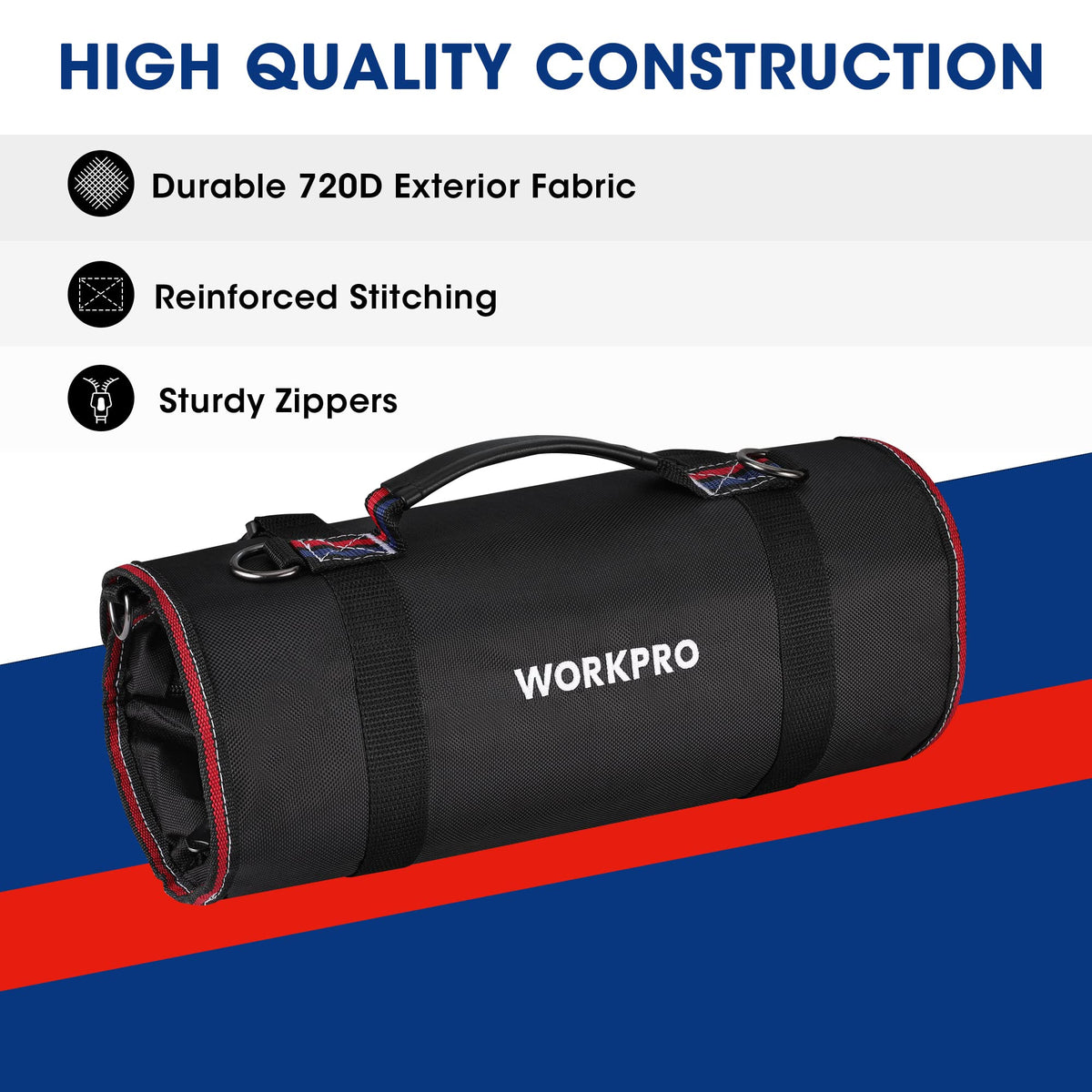 WORKPRO Roll Up Tool Bag’s compact roll design makes transport quick and tidy.