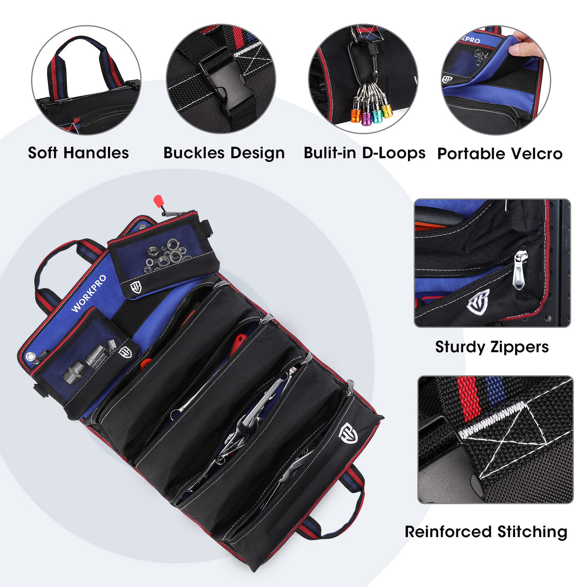 WORKPRO Roll Up Tool Bag with heavy-duty stitching withstands workshop and outdoor environments.