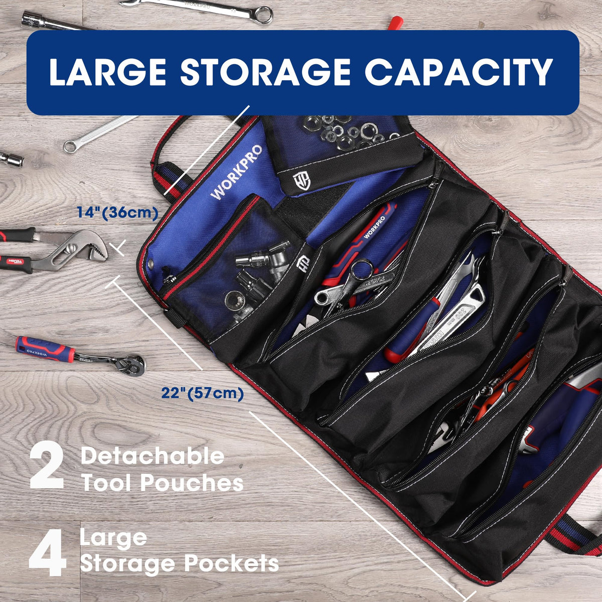 WORKPRO Roll Up Tool Bag in soft Oxford fabric resists wear for daily use.