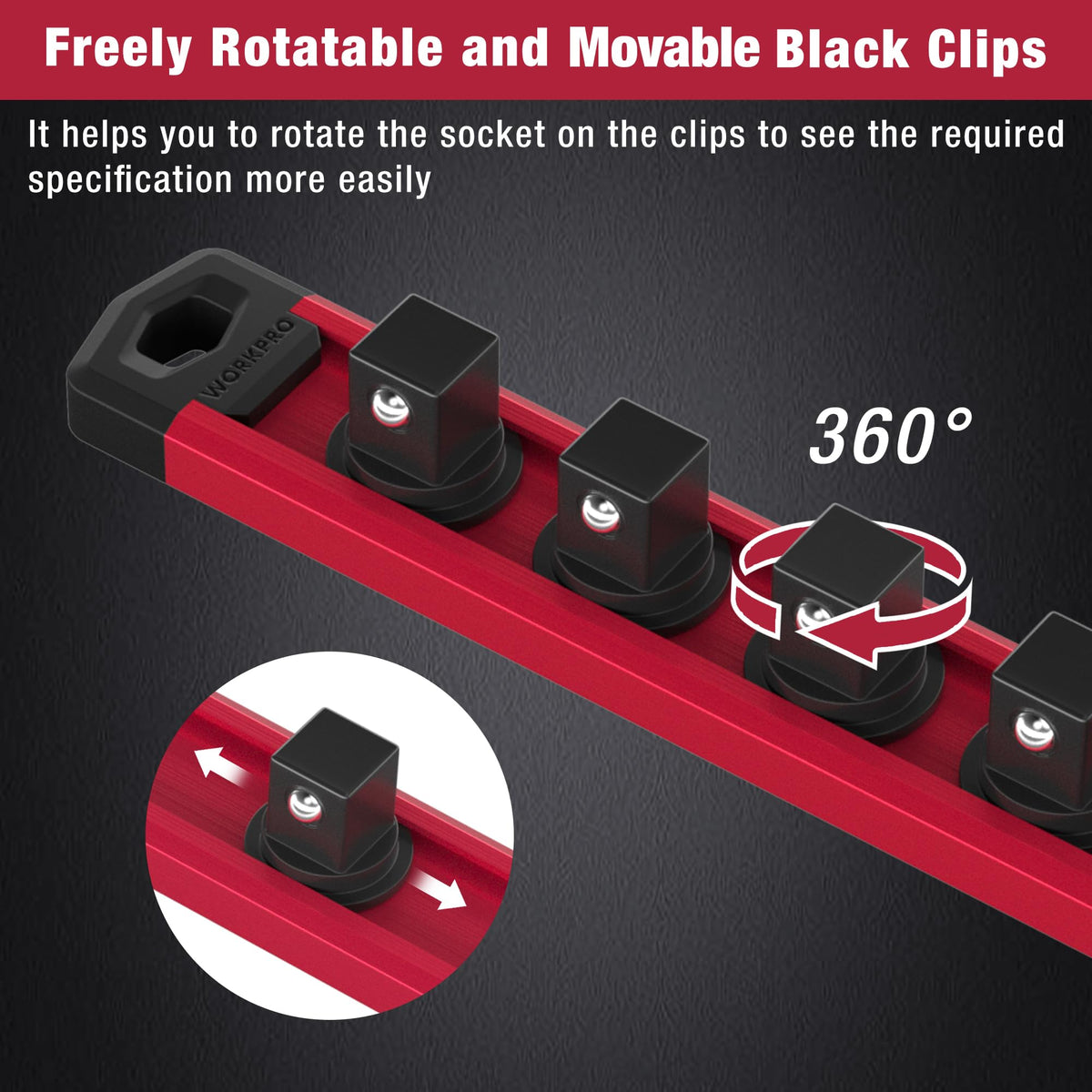 WORKPRO rotatable black clips improve visibility and enable easy socket orientation.