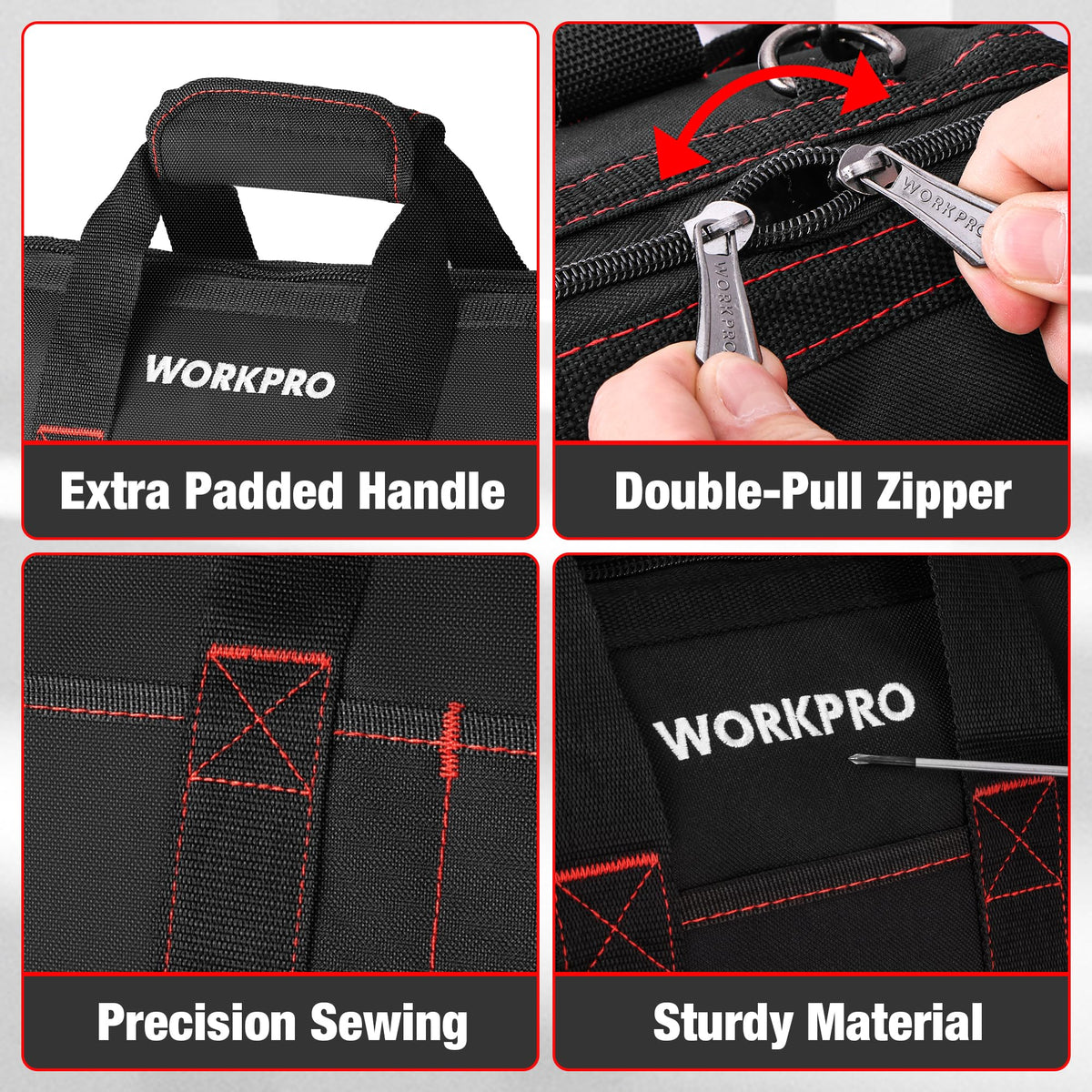 WORKPRO rubber-foam bottom shields contents from bumps and spills.