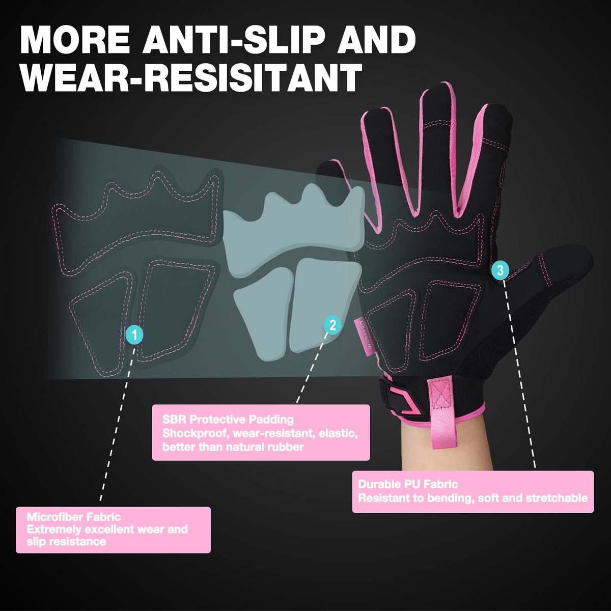 Workpro pink gloves with touchscreen fingertips for convenient use.