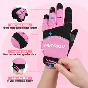 WORKPRO Pink Ribbon gloves featuring terry thumb wipe for sweat management.