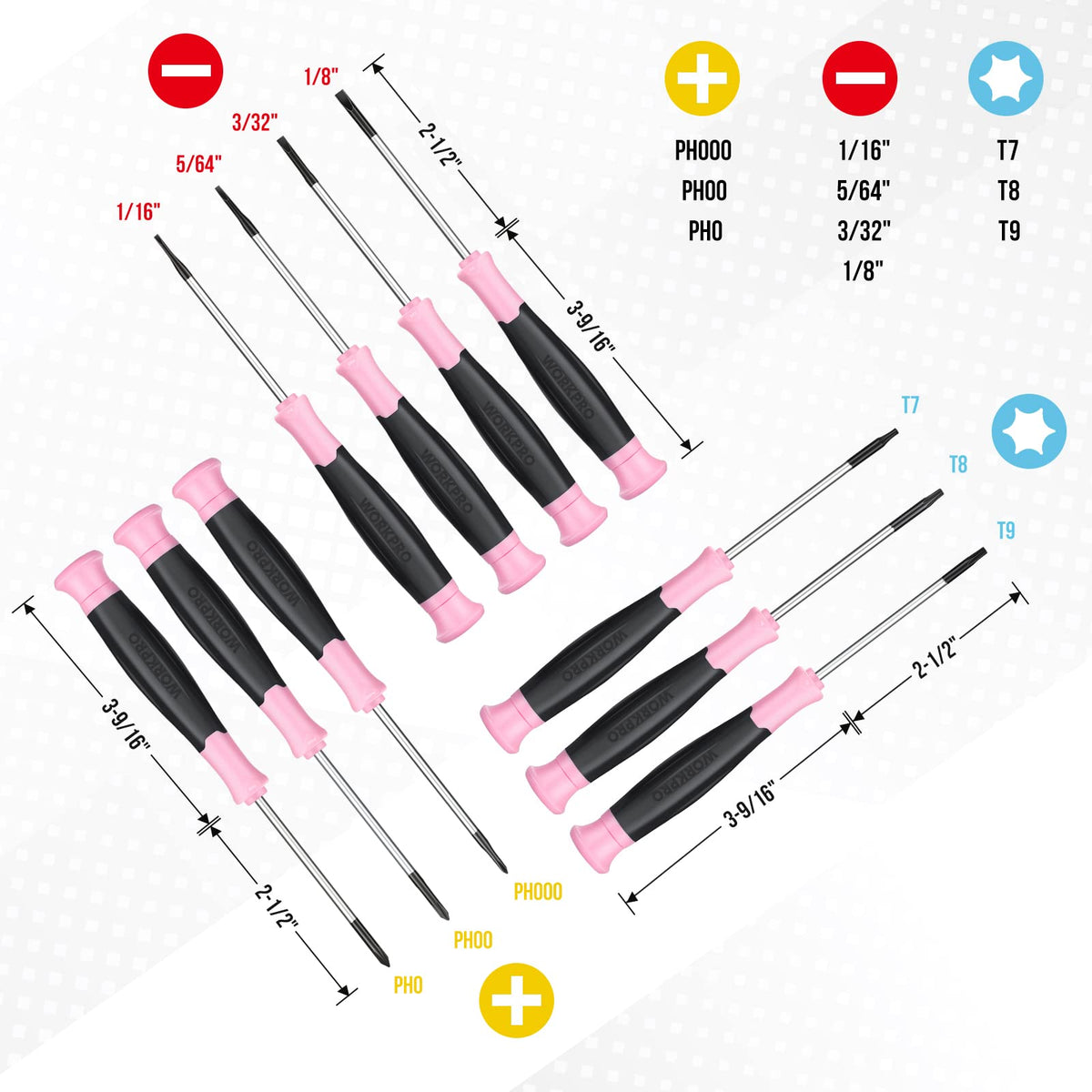 Workpro screwdriver set neatly displayed in pink pouch for easy transport and organized storage