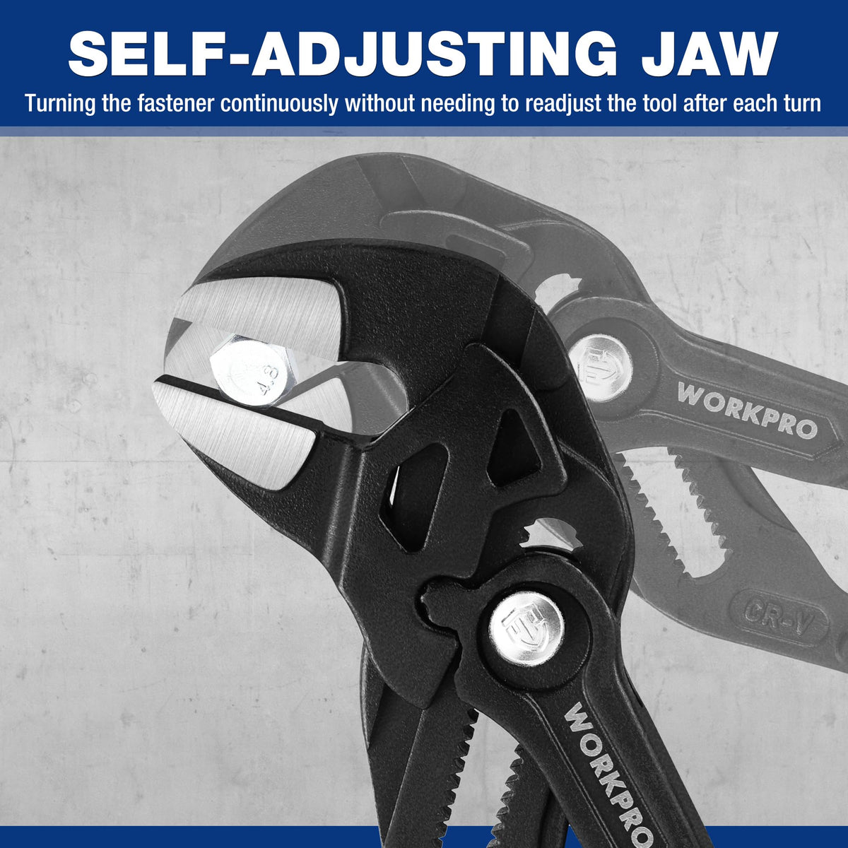 Self-adjusting jaw speeds up work by maintaining grip without readjustment.