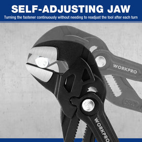 Self-adjusting jaw speeds up work by maintaining grip without readjustment.
