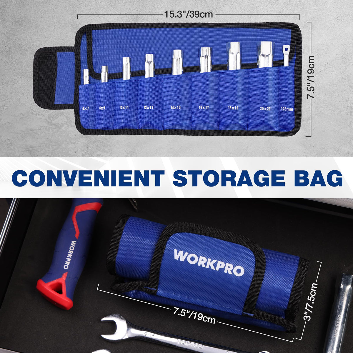 WORKPRO sockets with size labels for quick identification during plumbing tasks