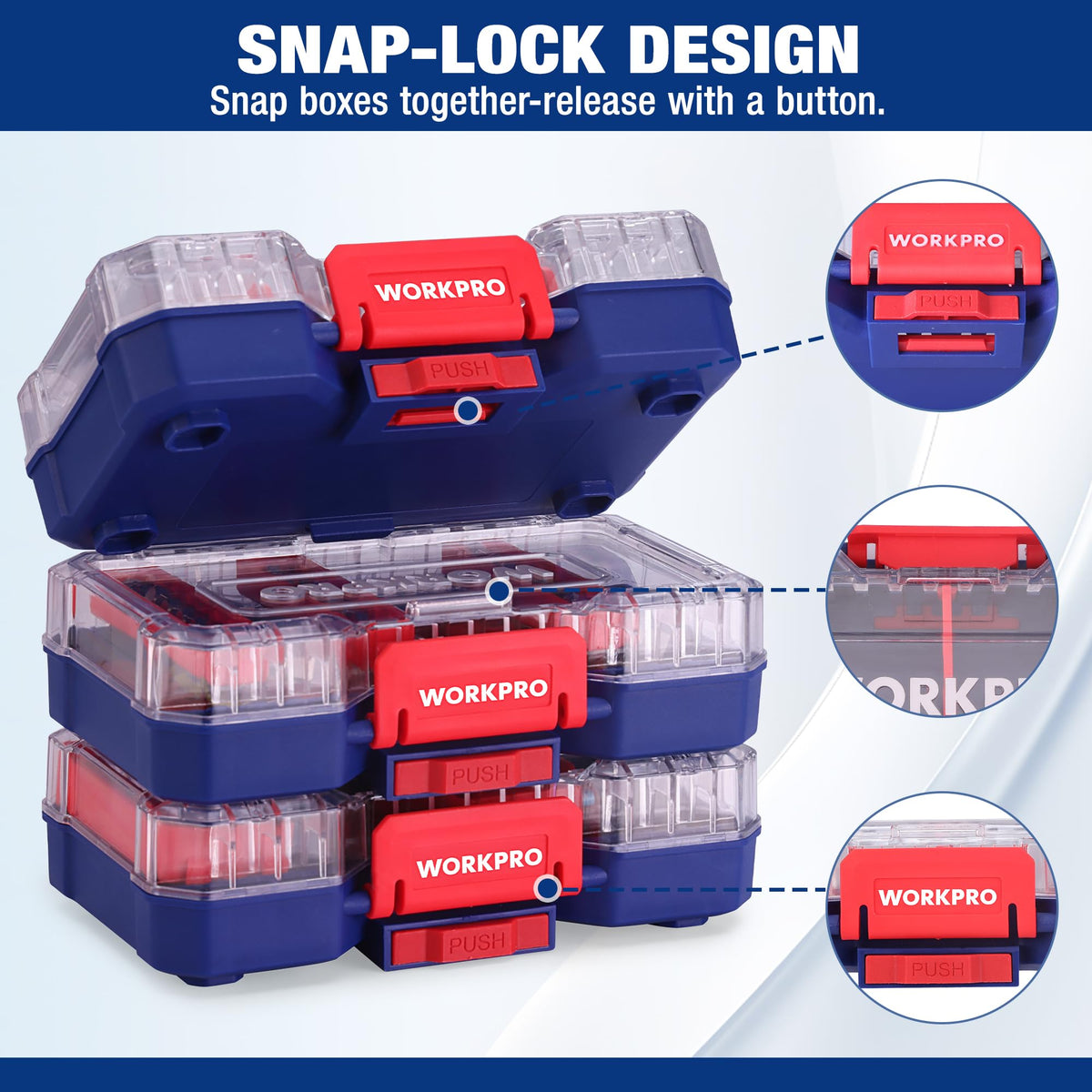 WORKPRO small parts organizer portable design fits on a workbench or in a toolbox