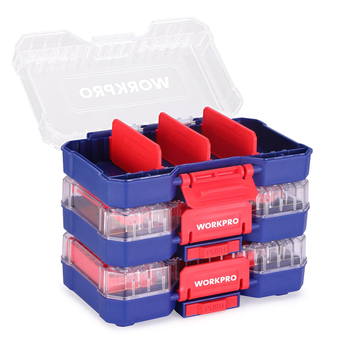 WORKPRO small parts organizer stackable system with secure latches for easy transport