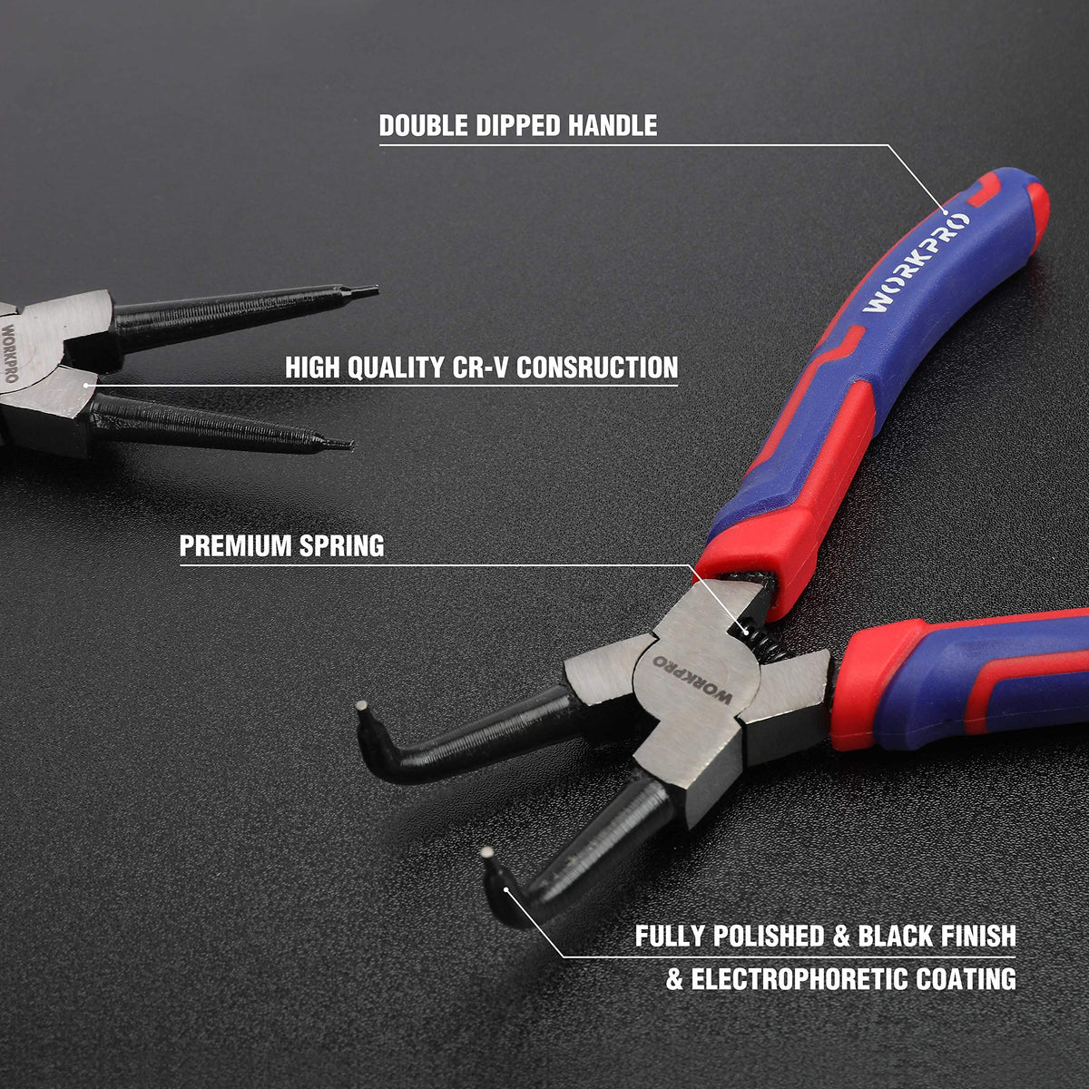 WORKPRO internal straight jaw pliers suited for tight internal ring placement.