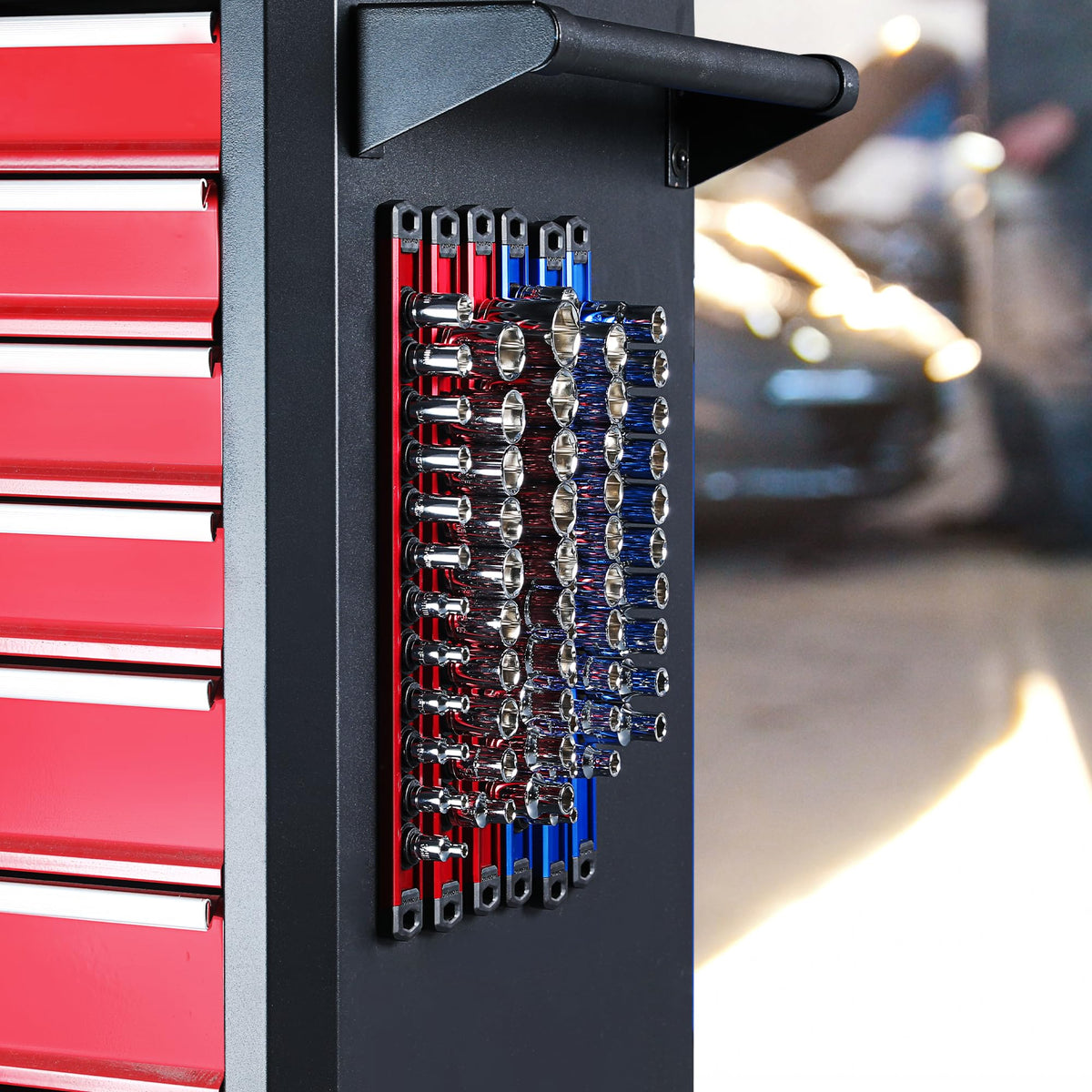 WORKPRO socket rail in action keeps tools organized in a workshop.