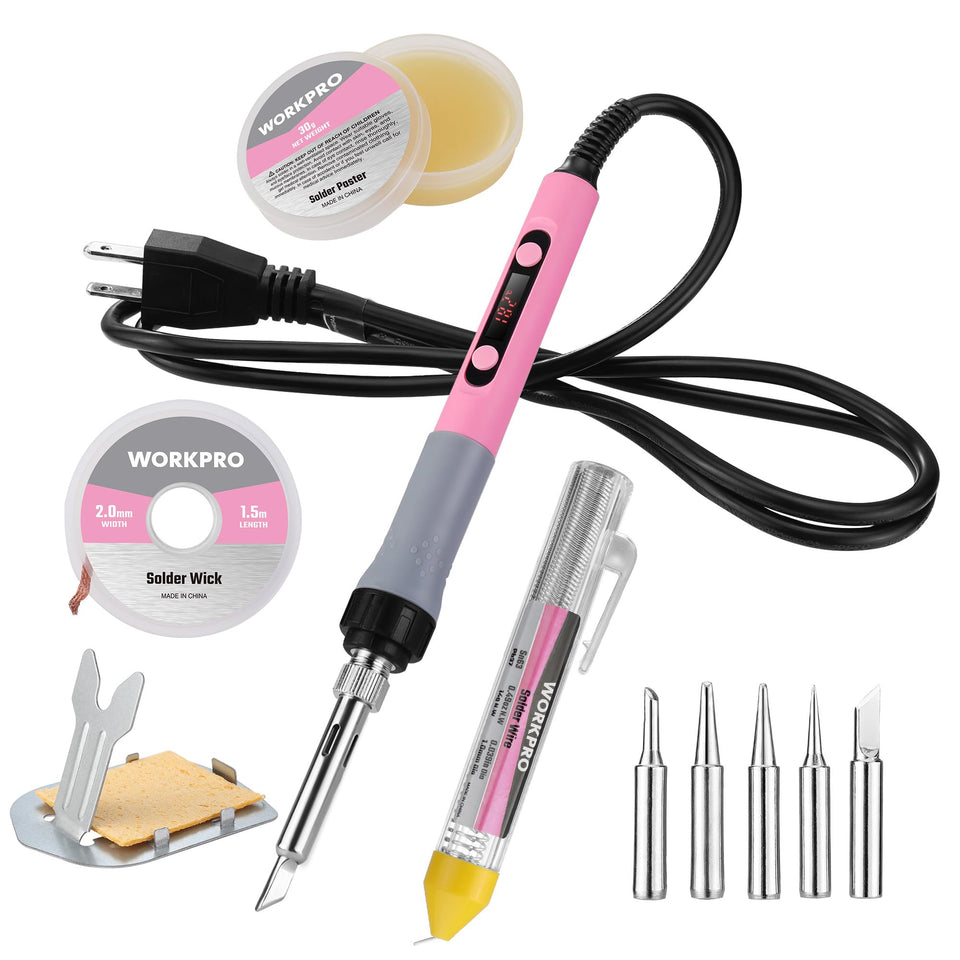 WORKPRO Soldering Kit pink with LCD display for precise temperature control during electronics repair.