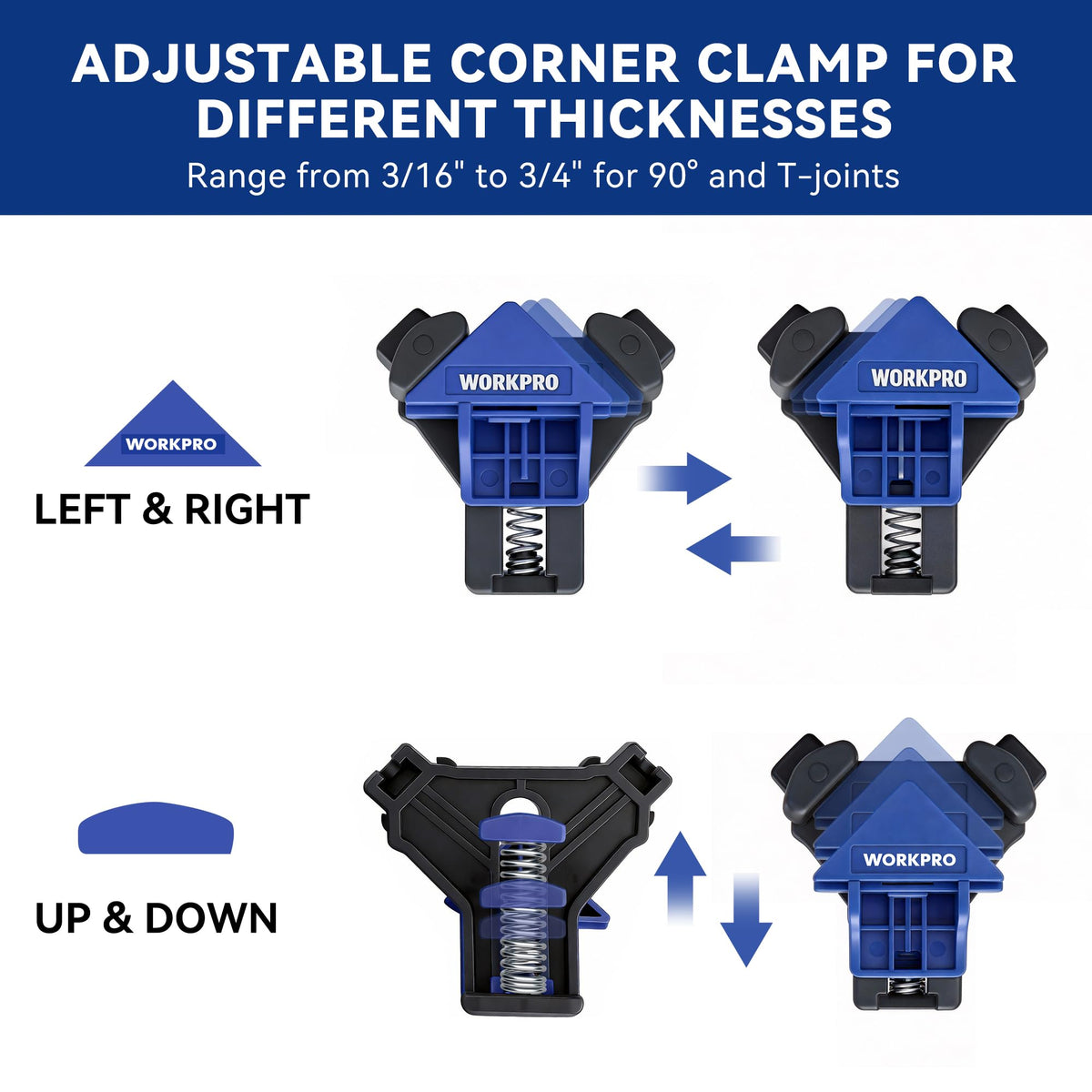 WORKPRO spring-loaded corner clamp provides firm hold during drilling and fastening.