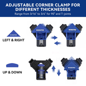WORKPRO spring-loaded corner clamp provides firm hold during drilling and fastening.