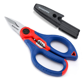 WORKPRO stainless electricians scissors blade closeup shows precision cutting.