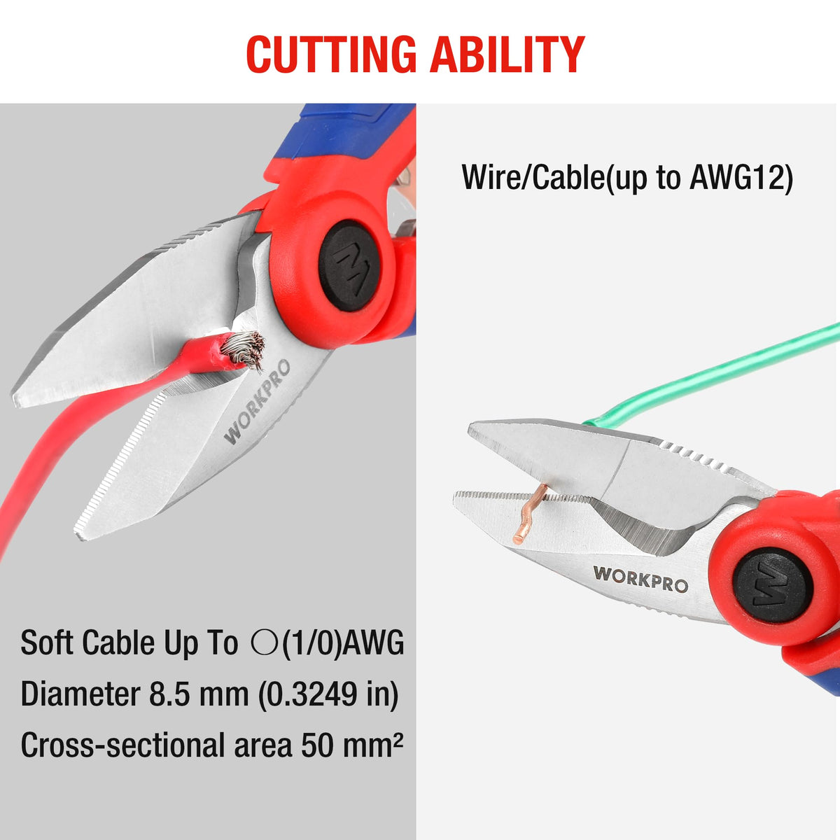 WORKPRO stainless electricians scissors cutting soft cable for clean trims.