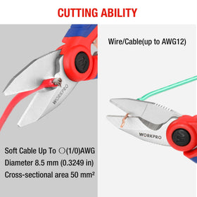 WORKPRO stainless electricians scissors cutting soft cable for clean trims.