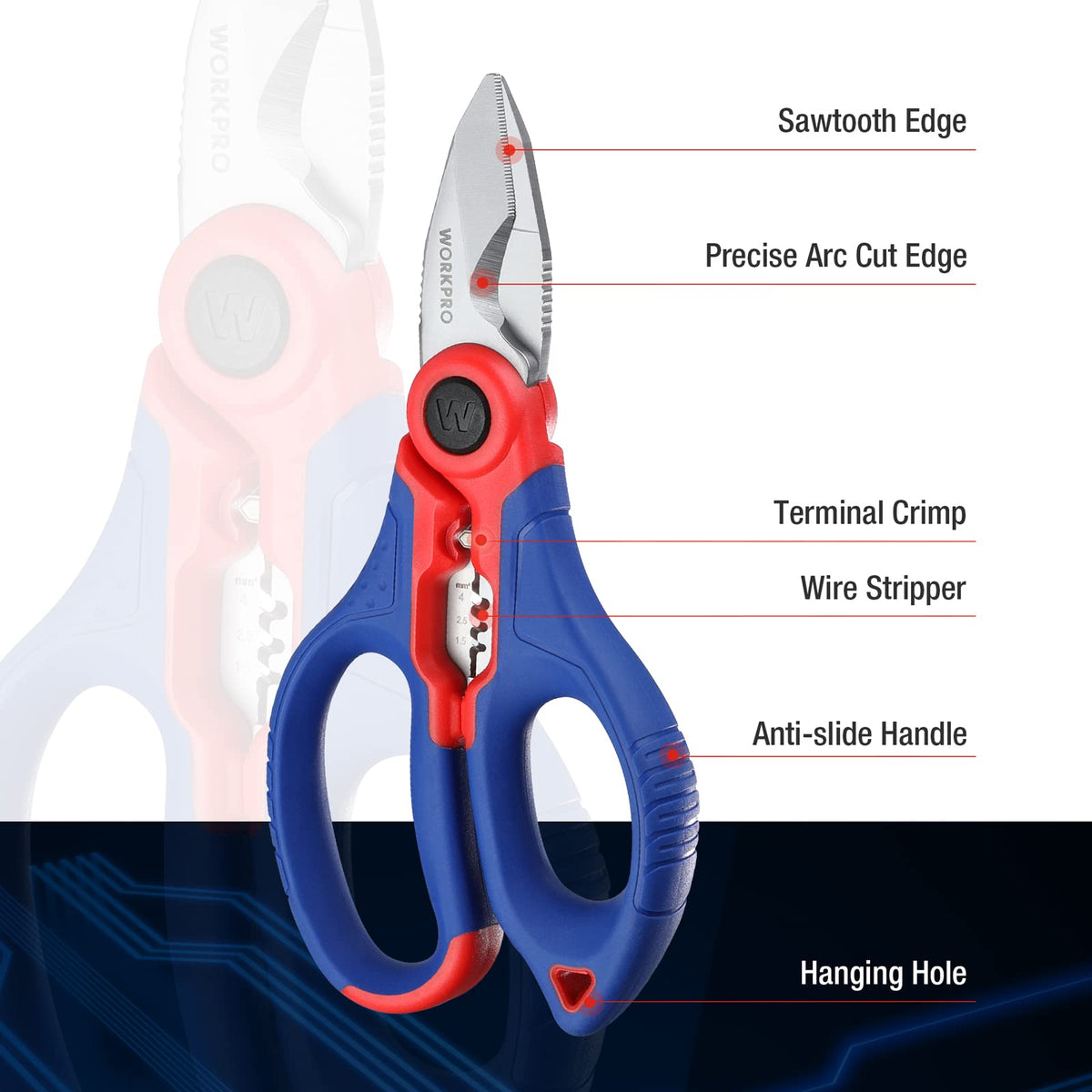 WORKPRO stainless electricians scissors ergonomic handle for comfortable grip.