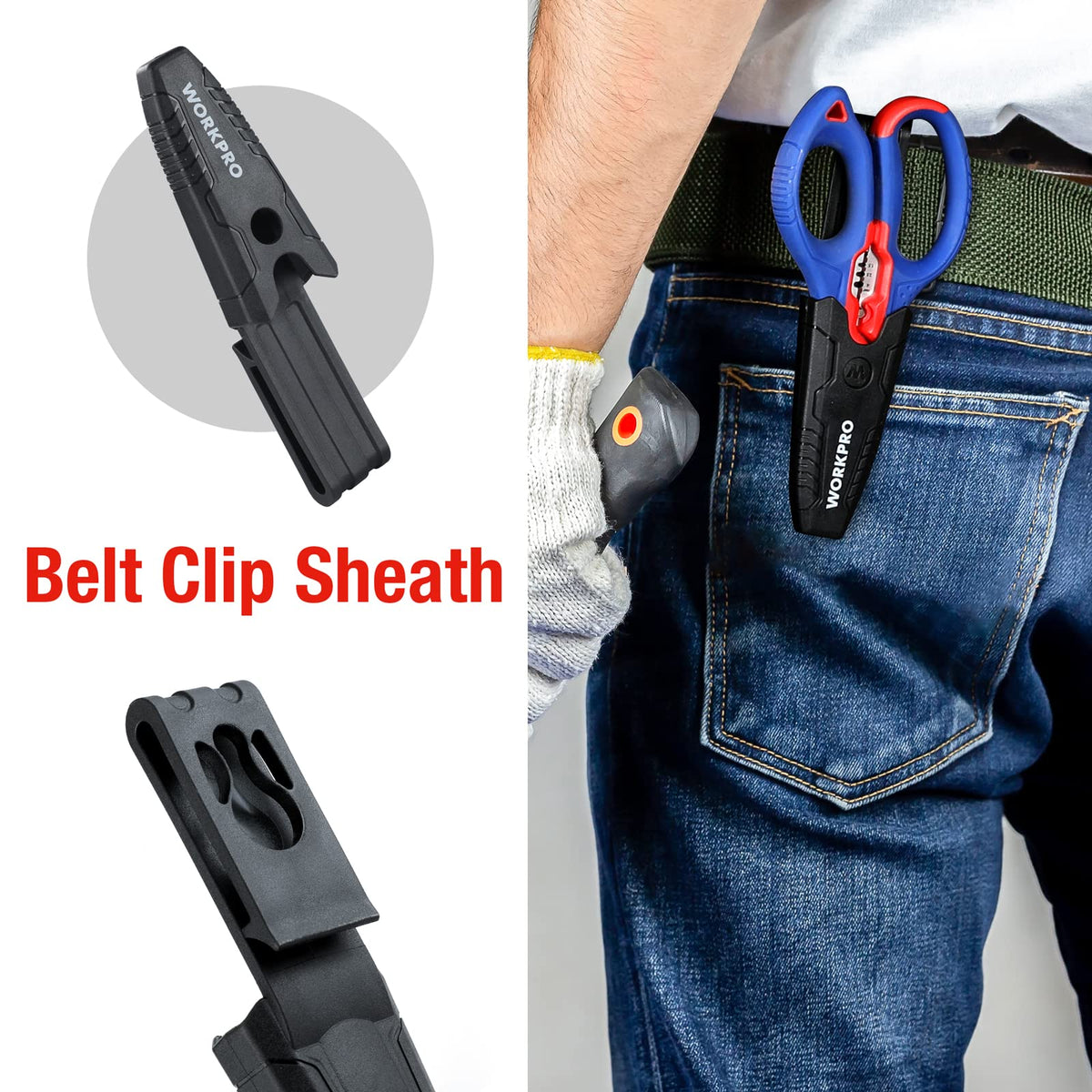 WORKPRO stainless electricians scissors sheath and belt clip for easy carry.