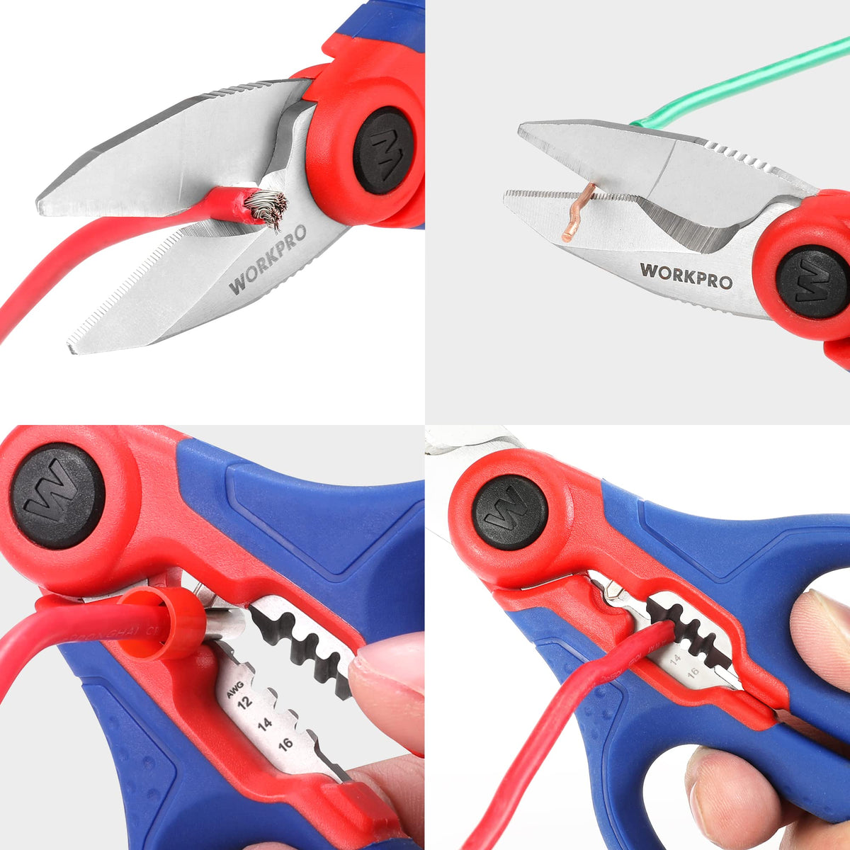 WORKPRO stainless electricians scissors wire stripper action demonstrates versatility.