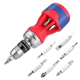 WorkPro stubby 12-in-1 ratcheting screwdriver handle, compact for tight spaces.