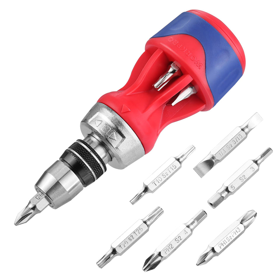 WorkPro stubby 12-in-1 ratcheting screwdriver handle, compact for tight spaces.