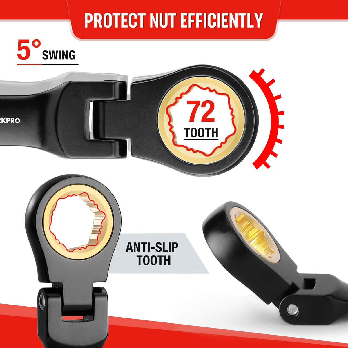WORKPRO stubby wrench showing 72-tooth ratchet for smooth operation in confined spaces.