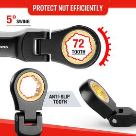 WORKPRO stubby wrench showing 72-tooth ratchet for smooth operation in confined spaces.