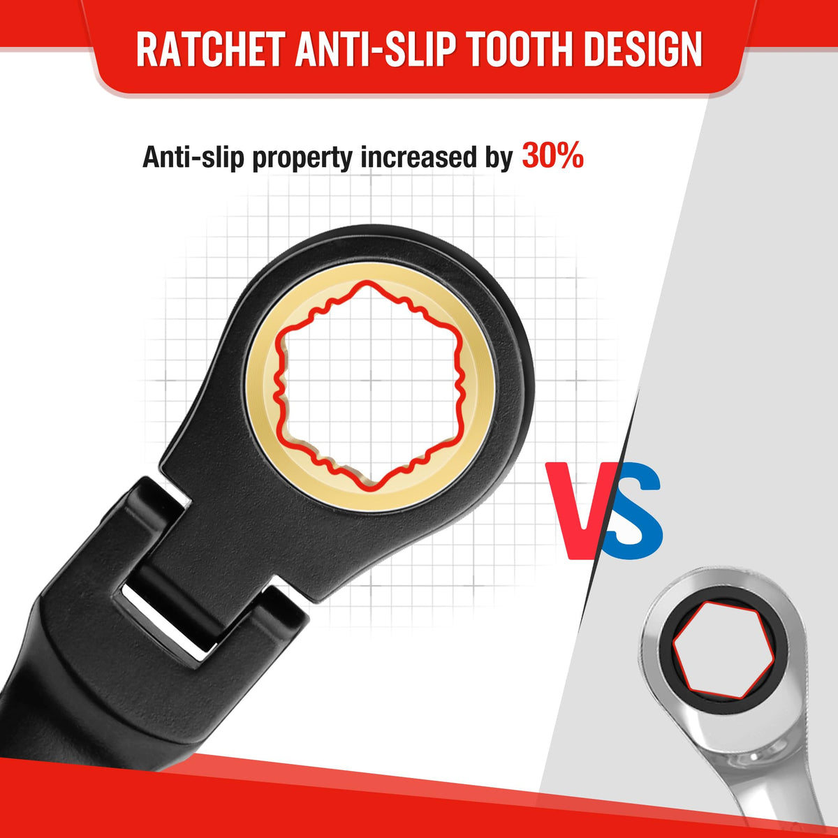 WORKPRO flex-head wrench at 180 degrees enables access to narrow areas.