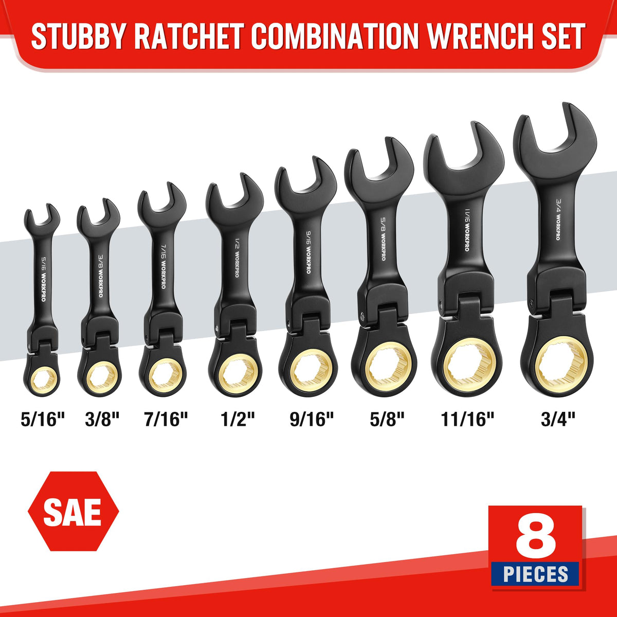 WORKPRO SAE sizes from 5/16 to 3/4 inch cover most fasteners.