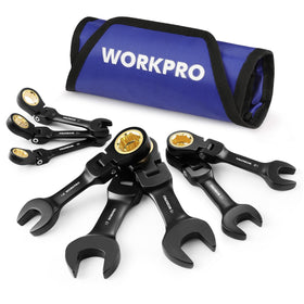 WORKPRO stubby ratcheting wrench set, 8-17 mm, ideal for tight spots.