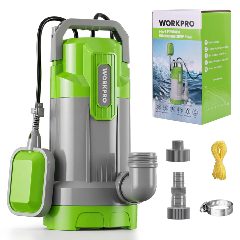 WorkPro Sump Pump 1HP delivers rapid drainage for pools and basements