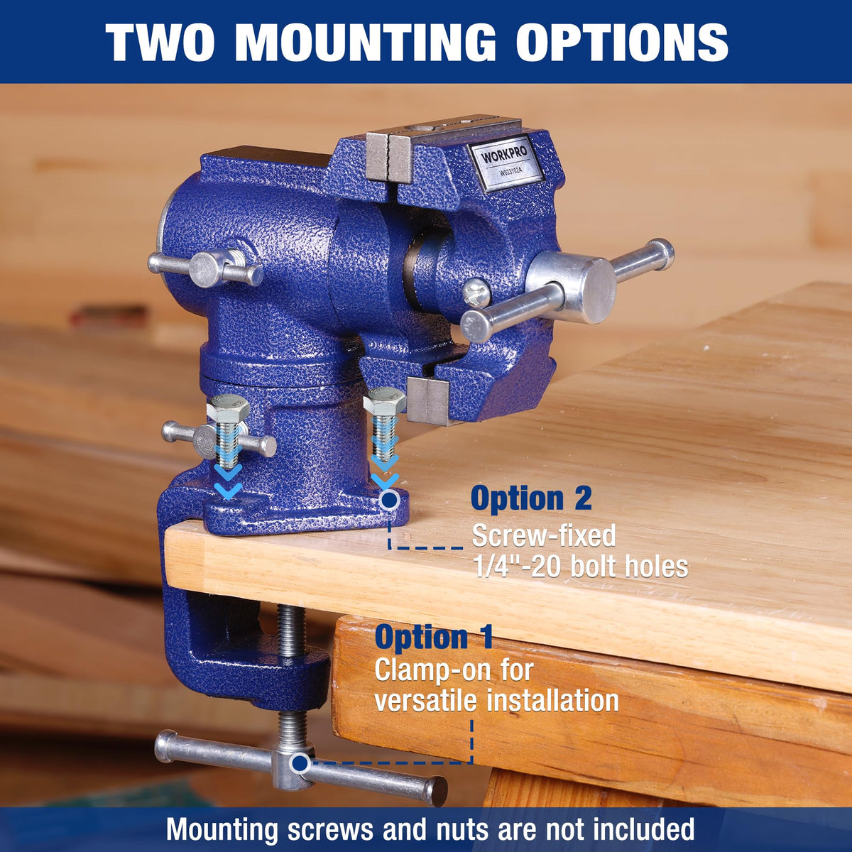 WORKPRO table vise showing 360-degree swivel base for flexible positioning