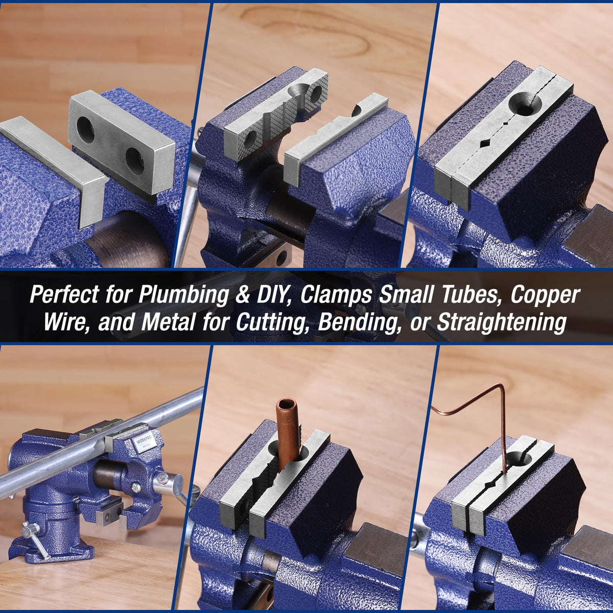 WORKPRO vise mounted with clamp-on or bolt-down setup on a bench
