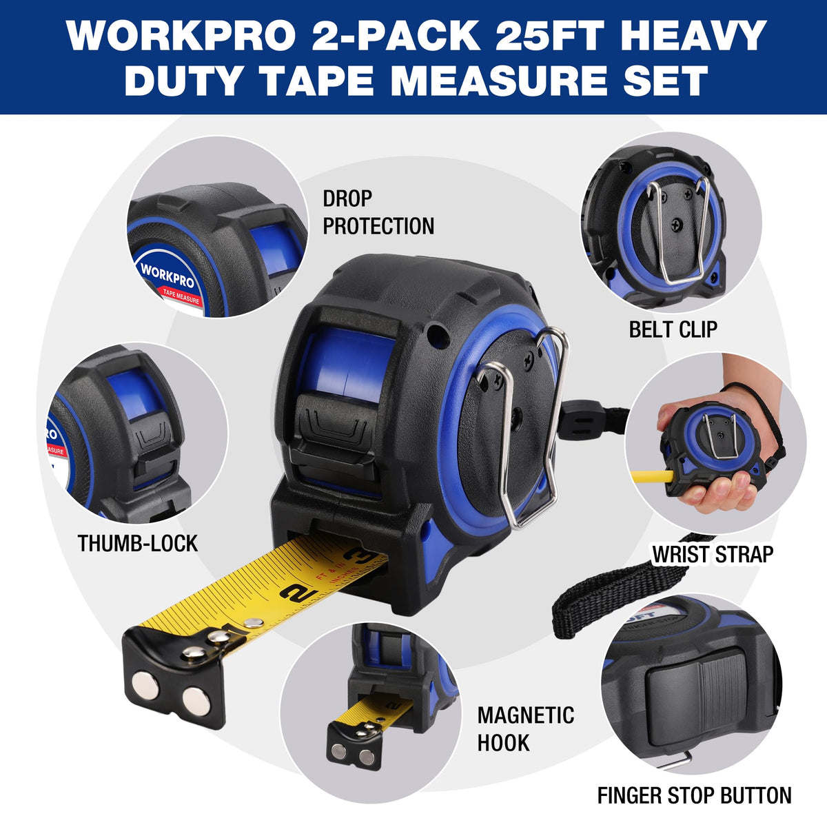 WORKPRO tape measure with belt clip for easy carrying