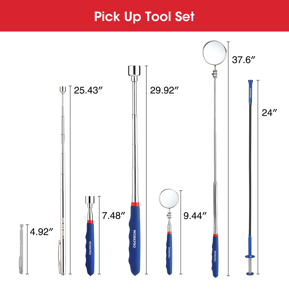 WORKPRO telescoping magnetic pickup tool extended to 61 cm for hard-to-reach areas