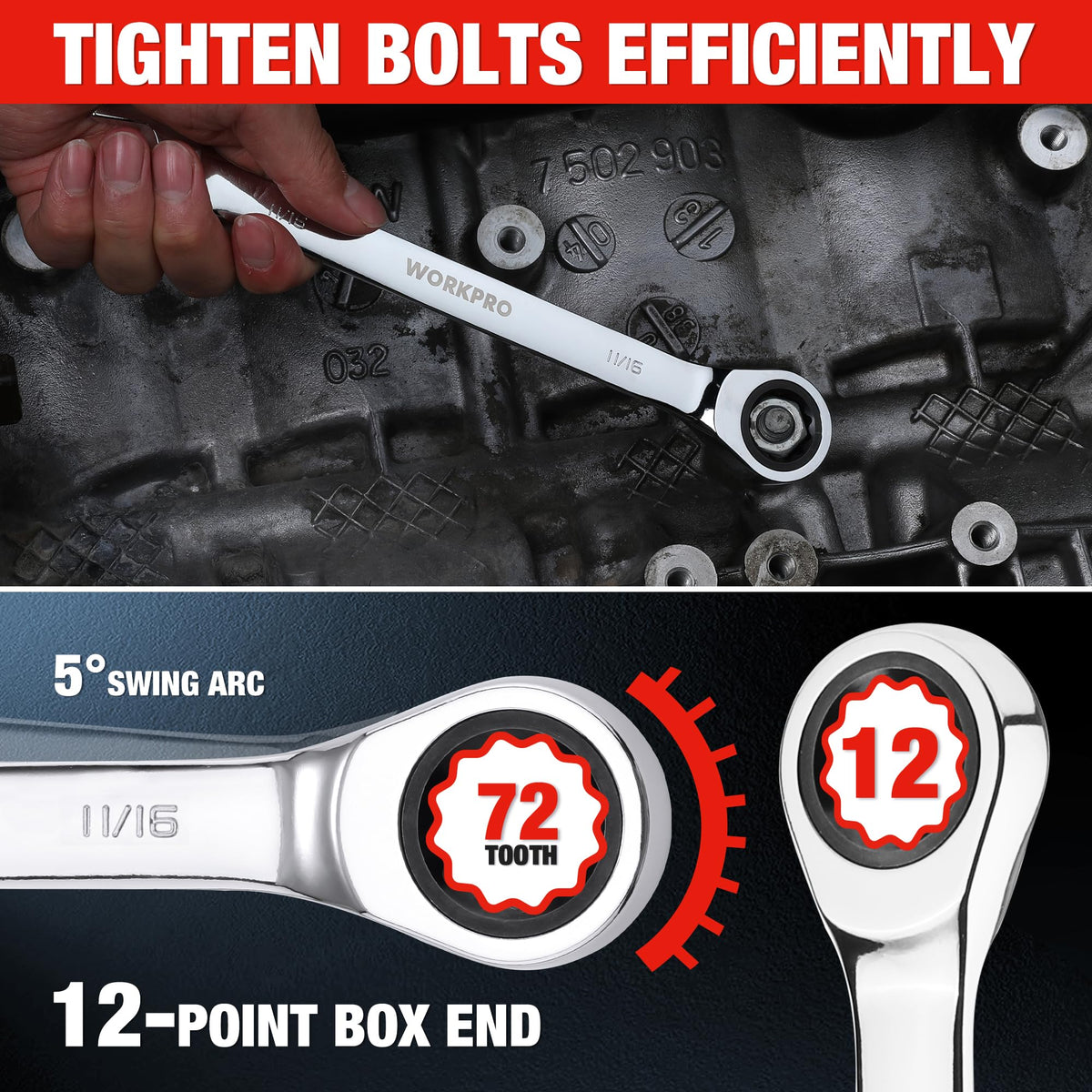 WORKPRO compact wrenches cover sizes from 5/16 to 1-1/8 in for efficient tightening.
