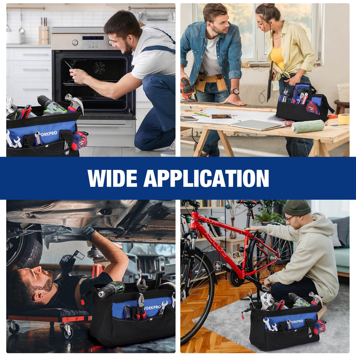 WORKPRO tool bag dimensions fit electrical, plumbing, and carpentry gear