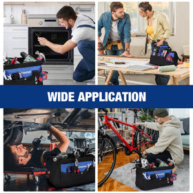 WORKPRO tool bag dimensions fit electrical, plumbing, and carpentry gear