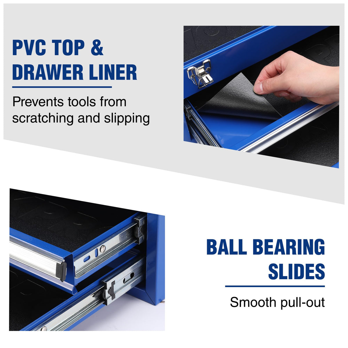 WORKPRO tool box ball-bearing slides deliver smooth, effortless drawer operation.