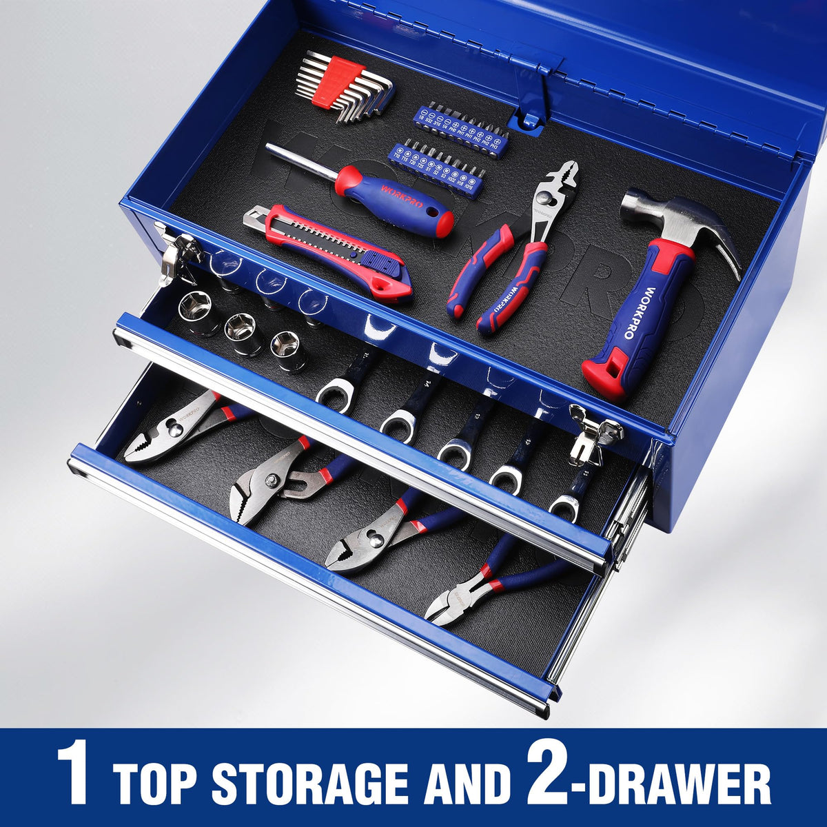 WORKPRO tool box metal latch ensures secure closure during transport.