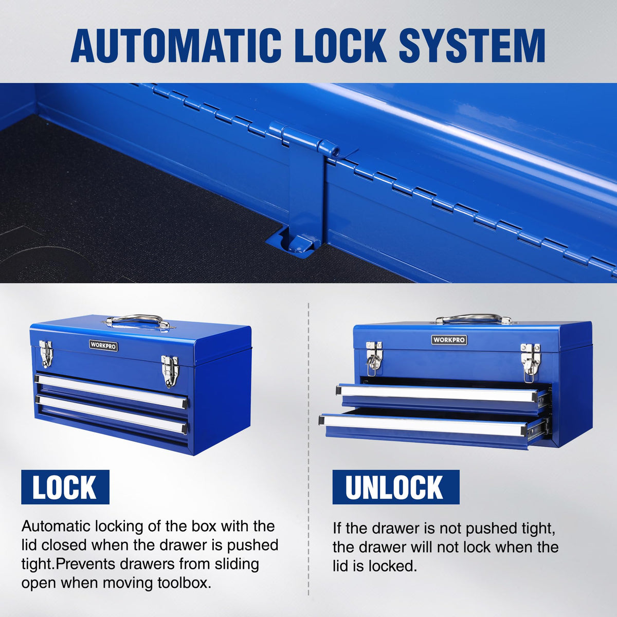 WORKPRO tool box PVC drawer liner protects tools from scratches and slips.